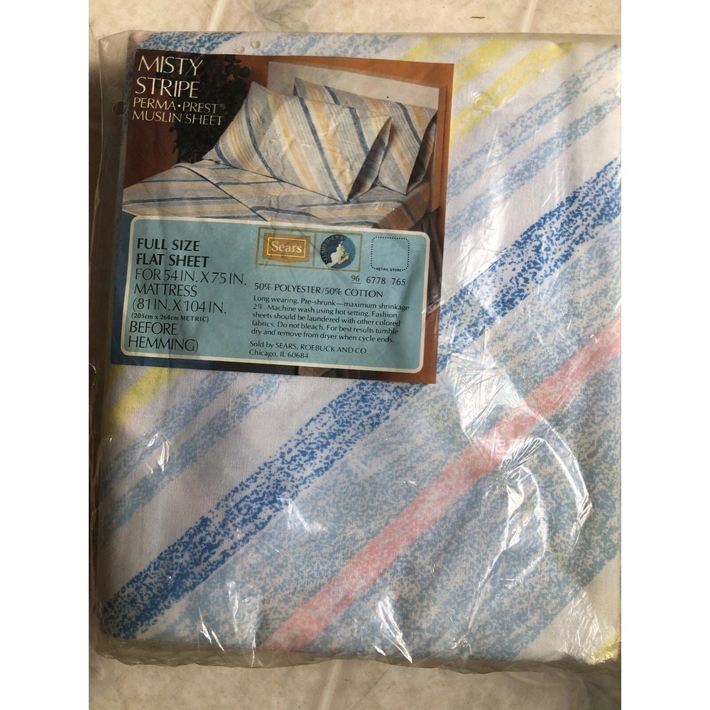 Vintage SEARS MISTY‎ STRIPE Full Flat Sheet New in Package Perm Press Muslin 70s